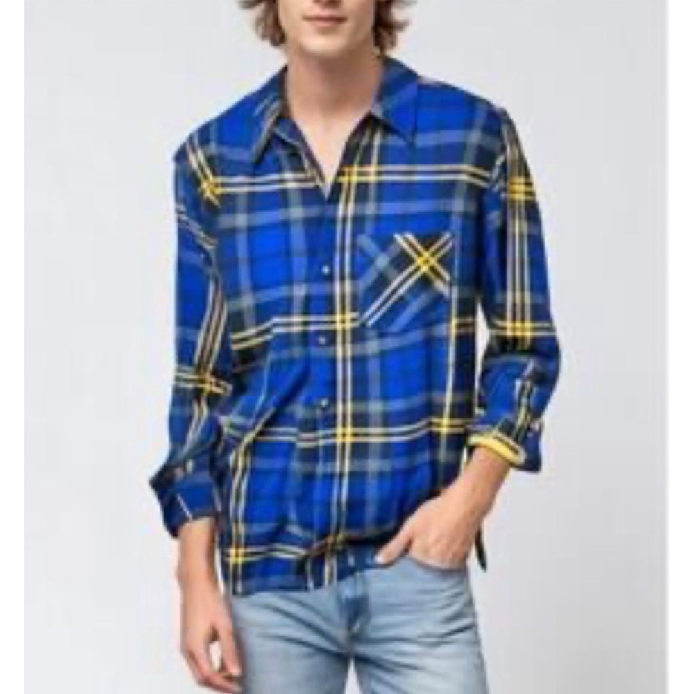 Field & Stream Blue Yellow Plaid Flannel Casual Button Down Shirt L